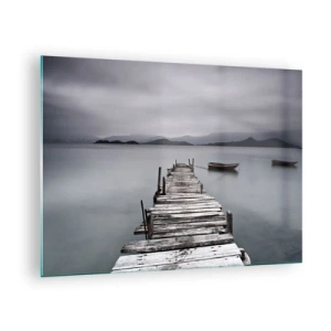 Obraz na szkle - Drewniany pomost na jeziorze w mglisty dzień - 70x50cm - Jutro możesz ruszać - Nowoczesna dekoracja ścienna do salonu i sypialni ARTTOR