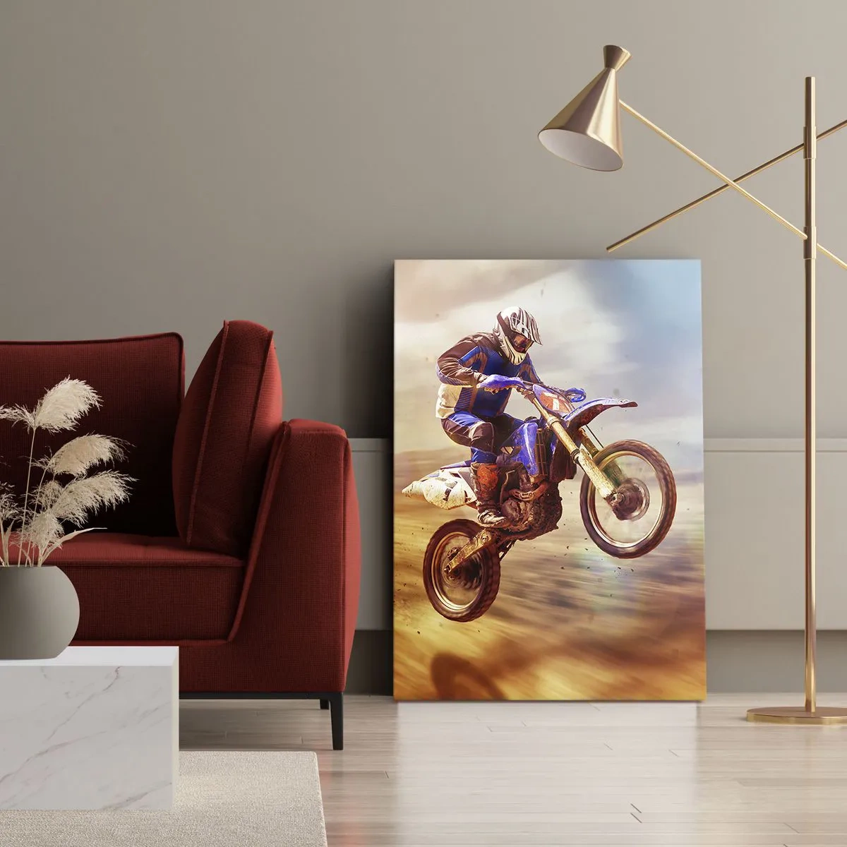 Obraz na płótnie - Motocyklista w locie podczas dynamicznej jazdy w terenie - 80x120cm - Motocyklowy zawrót głowy - Nowoczesna dekoracja ścienna do salonu i sypialni ARTTOR