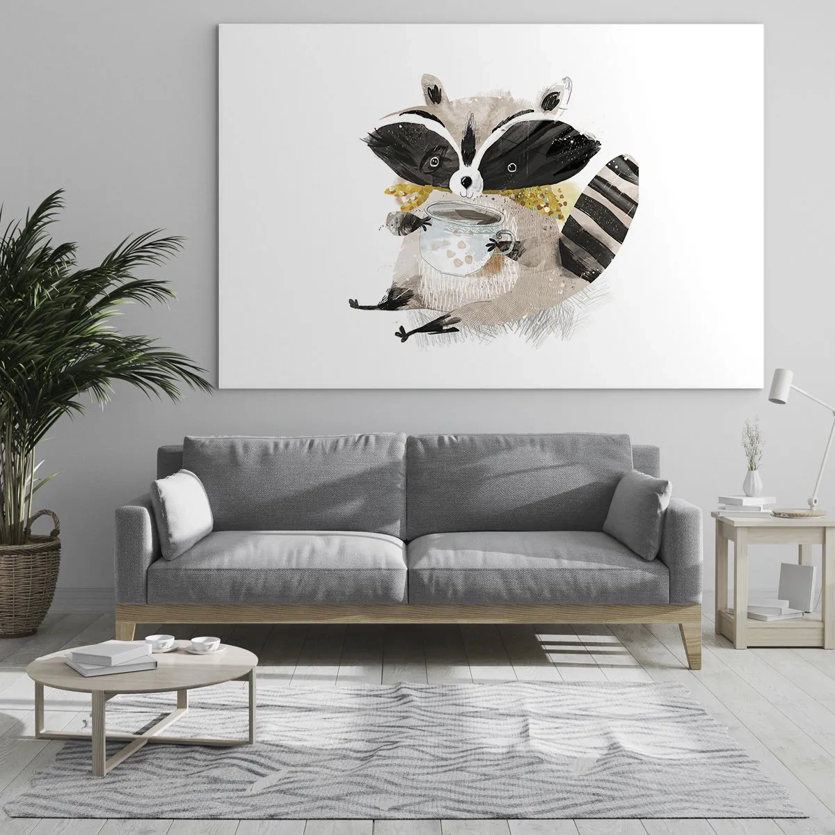 Obraz na szkle - Uroczy szop trzymający kubek z napojem - 100x70cm - Mój przyjaciel szop - Nowoczesna dekoracja ścienna do salonu, kuchni i sypialni ARTTOR