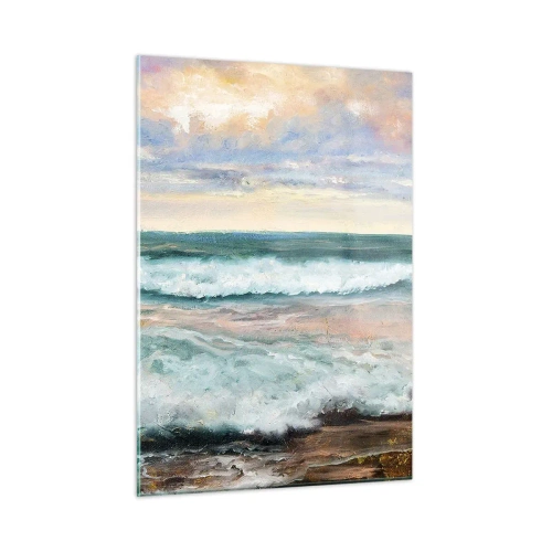 Obraz na szkle - Obraz malarski przedstawiający fale uderzające o brzeg - 50x70cm - Tutaj wygładzisz duszę - Nowoczesna dekoracja ścienna do salonu, kuchni i sypialni ARTTOR