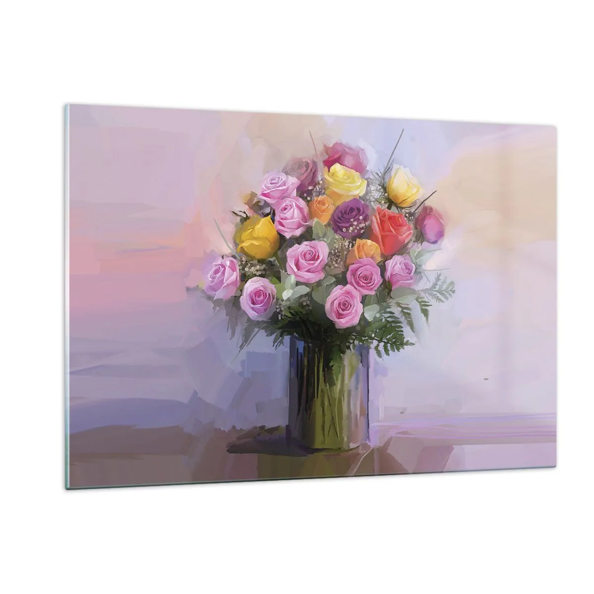 Obraz na szkle - Bukiet róż w szklanym wazonie na pastelowym tle - 120x80cm - Zatrzymane piękno - Nowoczesna dekoracja ścienna do salonu, kuchni i sypialni ARTTOR