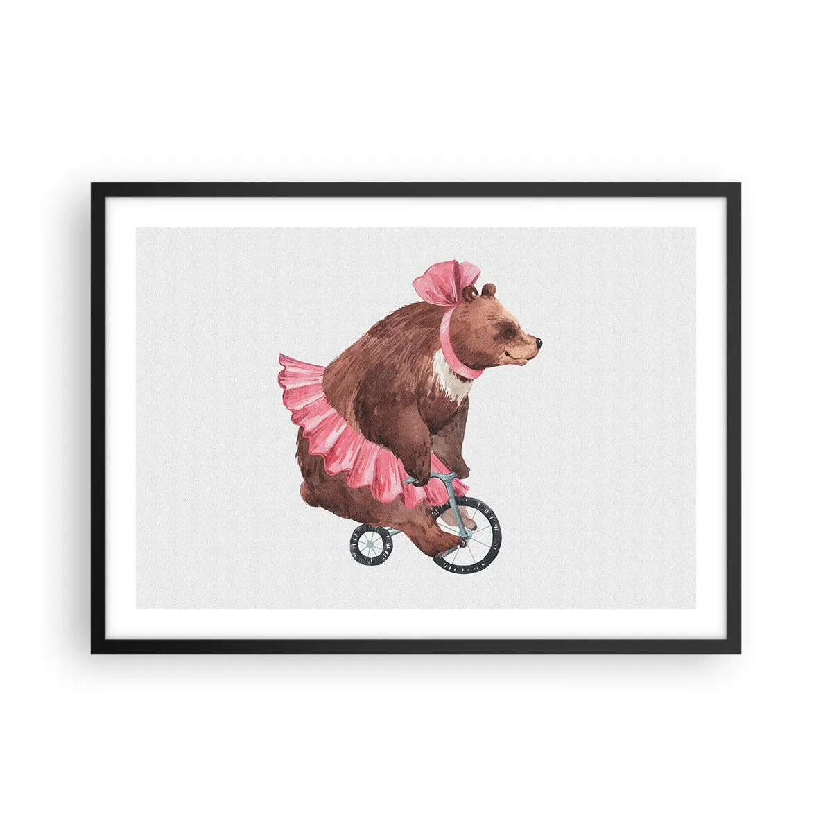 Plakat w czarnej ramie - Miś w różowej spódniczce na rowerku w stylu retro - 70x50cm - Ale cyrk! - Nowoczesna dekoracja ścienna do salonu i sypialni ARTTOR
