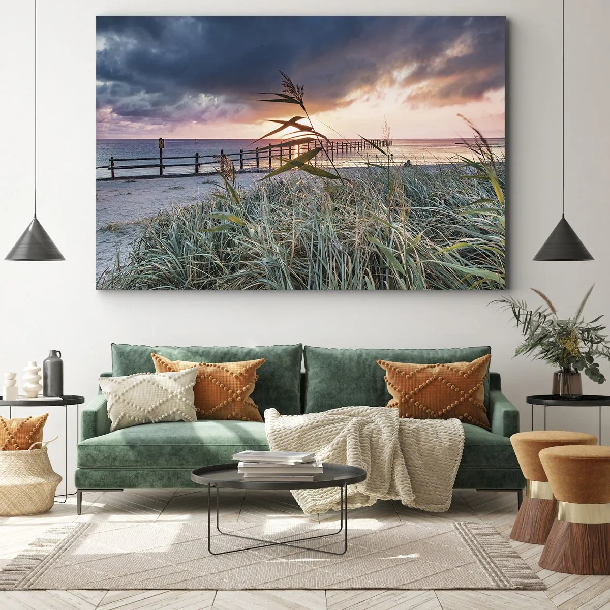 Obraz na płótnie - Plaża o zachodzie słońca z trawami na pierwszym planie - 70x50cm - Nie przemija z wiatrem - Nowoczesna dekoracja ścienna do salonu i sypialni ARTTOR
