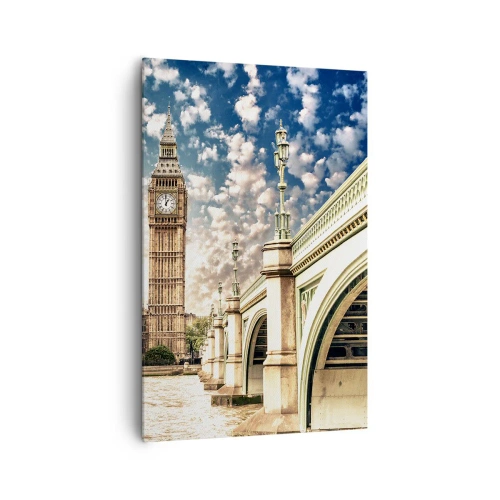 Obraz na płótnie - Big Ben i Westminster Bridge oświetlone słońcem w Londynie - 80x120cm - Pierzaste obłoki nad  Tamizą - Nowoczesna dekoracja ścienna do salonu i sypialni ARTTOR