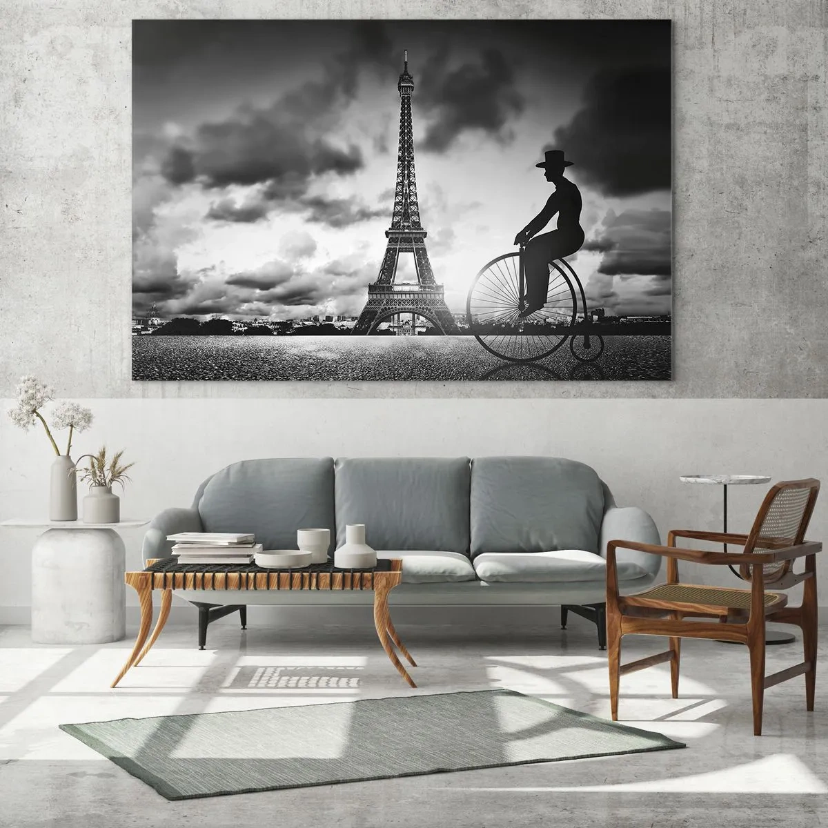 Obraz na szkle - Wieża Eiffla z rowerem retro w czerni i bieli - 70x50cm - Tęsknota do Belle Epoque - Nowoczesna dekoracja ścienna do salonu i sypialni ARTTOR