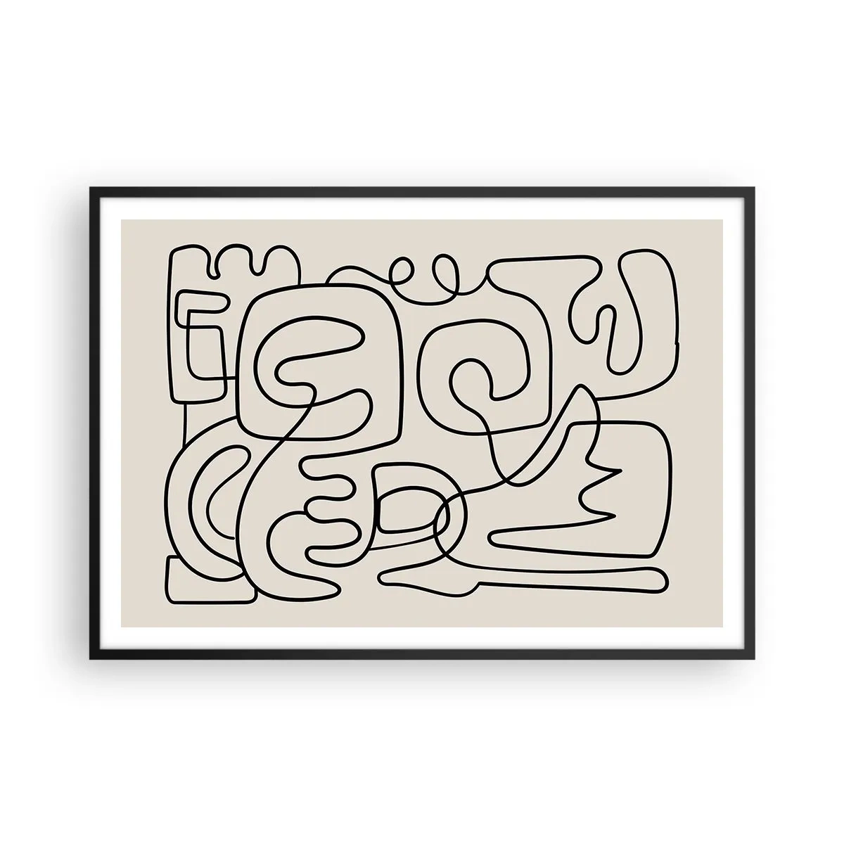 Plakat w czarnej ramie - Abstrakcyjny wzór line art w czerni na jasnym tle - 100x70cm - Po śladzie - Nowoczesna dekoracja ścienna do salonu i sypialni ARTTOR