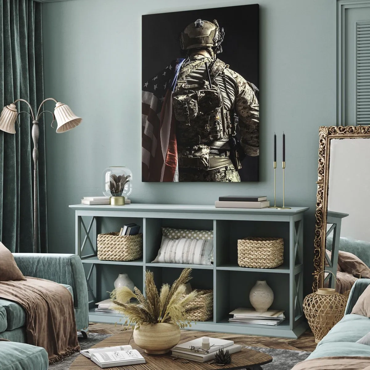 Obraz na płótnie - Żołnierz w umundurowaniu z amerykańską flagą na plecach - 50x70cm - Właśnie dlatego - Nowoczesna dekoracja ścienna do salonu, kuchni i sypialni ARTTOR