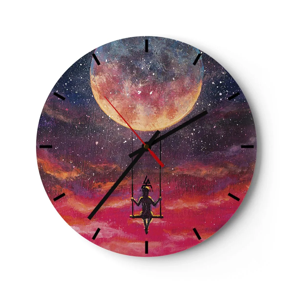 Zegar ścienny - Dziewczyna na huśtawce zawieszonej pod księżycem - 30x30cm - Bujać w obłokach - Nowoczesna dekoracja ścienna do salonu, kuchni i sypialni ARTTOR