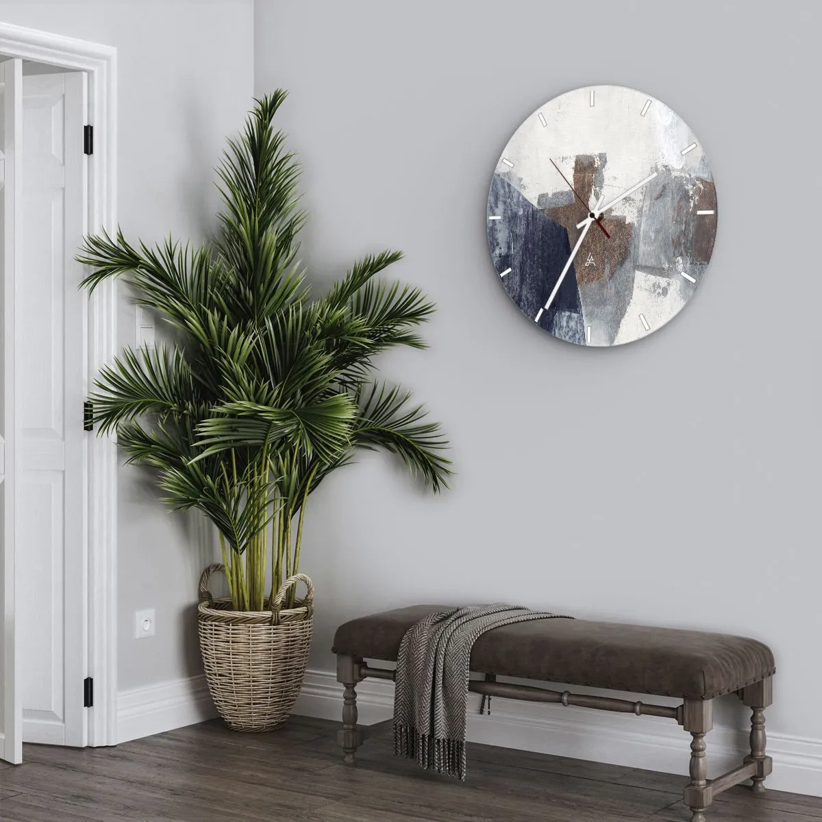 Zegar ścienny - Abstrakcyjna kompozycja w odcieniach brązu i granatu - 30x30cm - Błękitno-brunatne kształty - Nowoczesna dekoracja ścienna do salonu, kuchni i sypialni ARTTOR