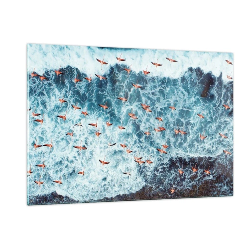 Obraz na szkle - Różowe flamingi nad wzburzonymi falami oceanu - 120x80cm - Nadmorska parada - Nowoczesna dekoracja ścienna do salonu, kuchni i sypialni ARTTOR