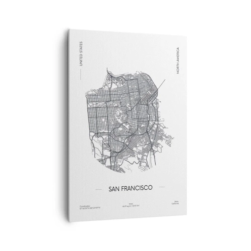 Obraz na płótnie - Mapa San Francisco w czarno-białym stylu minimalistycznym - 70x100cm - Anatomia San Francisco - Nowoczesna dekoracja ścienna do salonu i sypialni ARTTOR