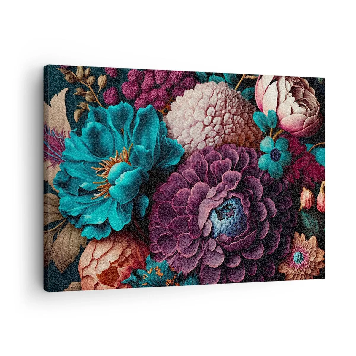 Obraz na płótnie - Bukiet kwiatów w intensywnych kolorach na ciemnym tle - 70x50cm - Natura na bogato - Nowoczesna dekoracja ścienna do salonu i sypialni ARTTOR