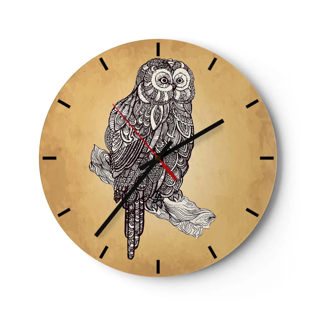 Zegar ścienny - Artystyczna sowa na beżowym tle z misternym wzorem - 30x30cm - Misterne ornamenty mądrości - Nowoczesna dekoracja ścienna do salonu, kuchni i sypialni ARTTOR