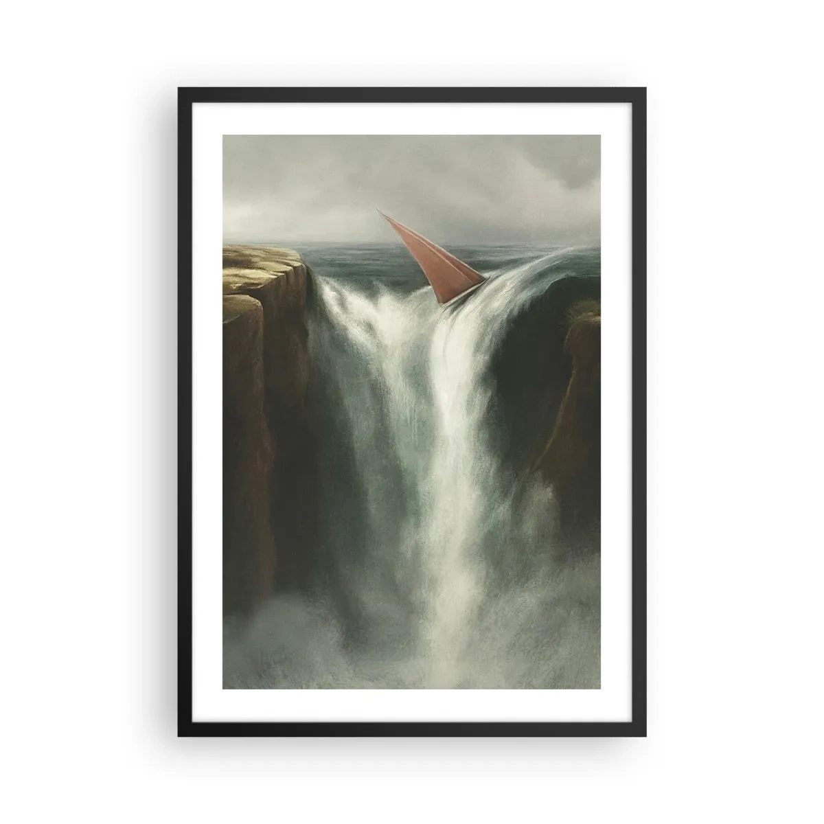 Plakat w czarnej ramie - Żaglówka spadająca z wodospadu w surrealistycznym krajobrazie - 50x70cm - Życiowa przestroga - Nowoczesna dekoracja ścienna do salonu i sypialni ARTTOR