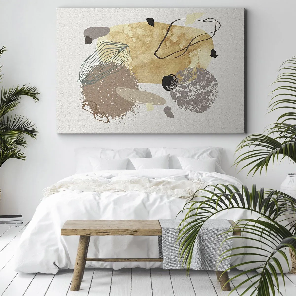 Obraz na płótnie - Kompozycja abstrakcyjnych kształtów w beżach i żółciach - 70x50cm - Plumkologia stosowana - Nowoczesna dekoracja ścienna do salonu i sypialni ARTTOR
