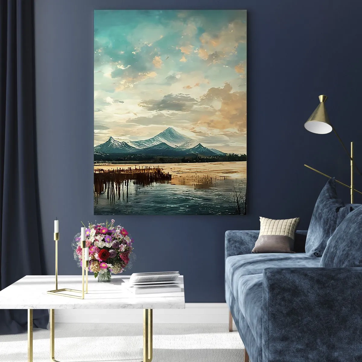 Obraz na szkle - Malowniczy krajobraz z górą i spokojnym jeziorem - 70x100cm - Pod opieką nieba - Nowoczesna dekoracja ścienna do salonu i sypialni ARTTOR