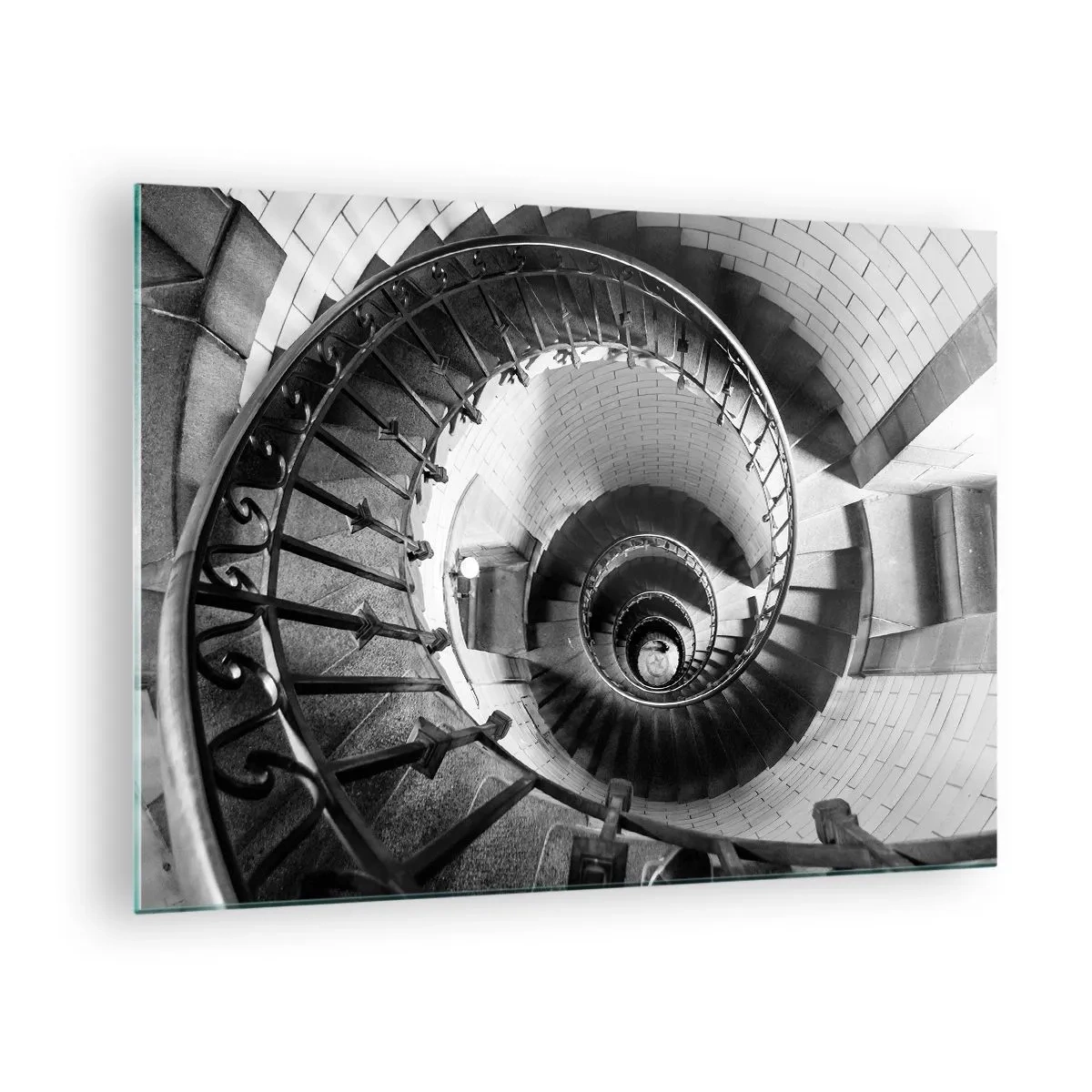 Obraz na szkle - Czarno-białe zdjęcie spiralnych schodów w perspektywie - 70x50cm - Wyżej i wyżej - Nowoczesna dekoracja ścienna do salonu i sypialni ARTTOR