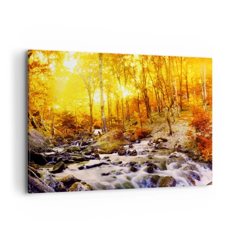 Obraz na płótnie - Jesienny las z potokiem wśród złotych liści - 100x70cm - Kamienie oprawne w złoto i platynę - Nowoczesna dekoracja ścienna do salonu, kuchni i sypialni ARTTOR