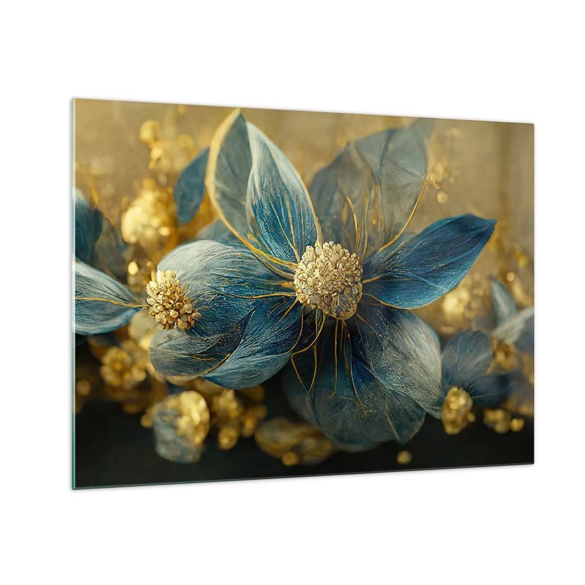 Obraz na szkle - Niebiesko-złote kwiaty o luksusowym charakterze - 70x50cm - Zakwitnąć złotem - Nowoczesna dekoracja ścienna do salonu i sypialni ARTTOR
