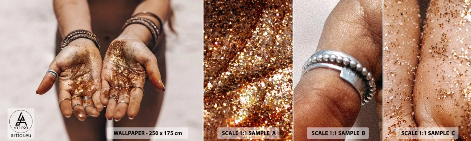 Fototapeta Próbka Samoprzylepna Deluxe Sticker - Dar dla ciebie - Kobiece Dłonie, Boho, Złoto - 100x30 cm