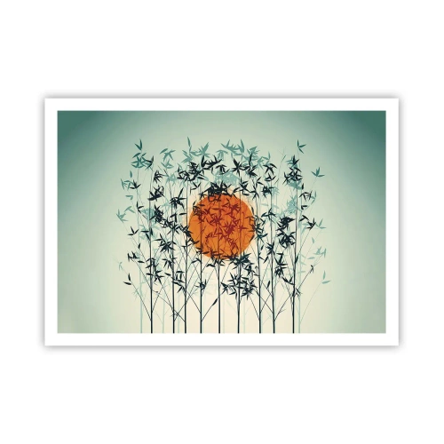 Plakat - Pomarańczowe słońce wśród bambusowych gałęzi - 100x70cm - Japońskie słońce - Nowoczesna dekoracja ścienna do salonu i sypialni ARTTOR