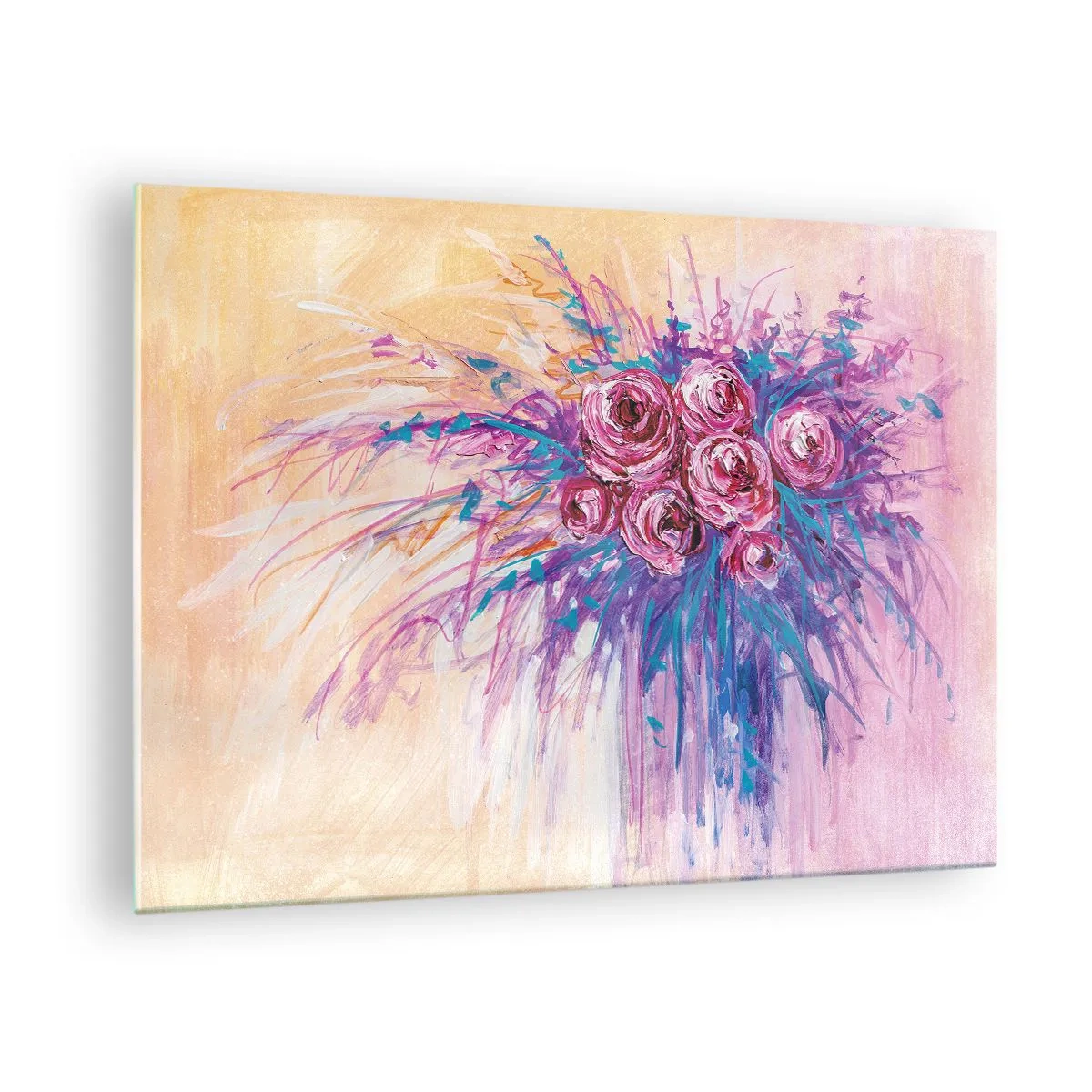 Obraz na szkle - Bukiet róż w odcieniach różu i fioletu na tle w pastelowych kolorach - 70x50cm - Różana fontanna - Nowoczesna dekoracja ścienna do salonu i sypialni ARTTOR
