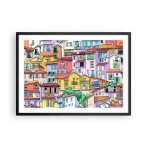 Plakat w czarnej ramie - Kolorowe kamienice w żywej, radosnej stylistyce - 70x50cm - Wesołe miasto - Nowoczesna dekoracja ścienna do salonu i sypialni ARTTOR
