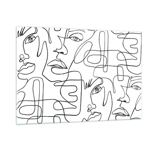 Obraz na szkle - Czarno-biała grafika twarzy w stylu line art - 120x80cm - W splątanych emocjach - Nowoczesna dekoracja ścienna do salonu, kuchni i sypialni ARTTOR