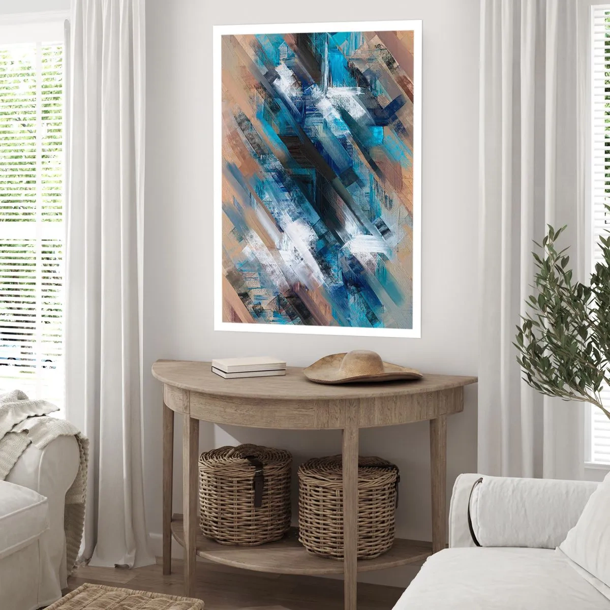 Plakat - Abstrakcyjna kompozycja z diagonalnymi liniami w odcieniach niebieskiego - 50x70cm - Po błękitnym skosie - Nowoczesna dekoracja ścienna do salonu, kuchni i sypialni ARTTOR