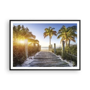 Plakat w czarnej ramie - Drewniana ścieżka na plaży z palmami w tle - 100x70cm - Prosto do raju - Nowoczesna dekoracja ścienna do salonu i sypialni ARTTOR
