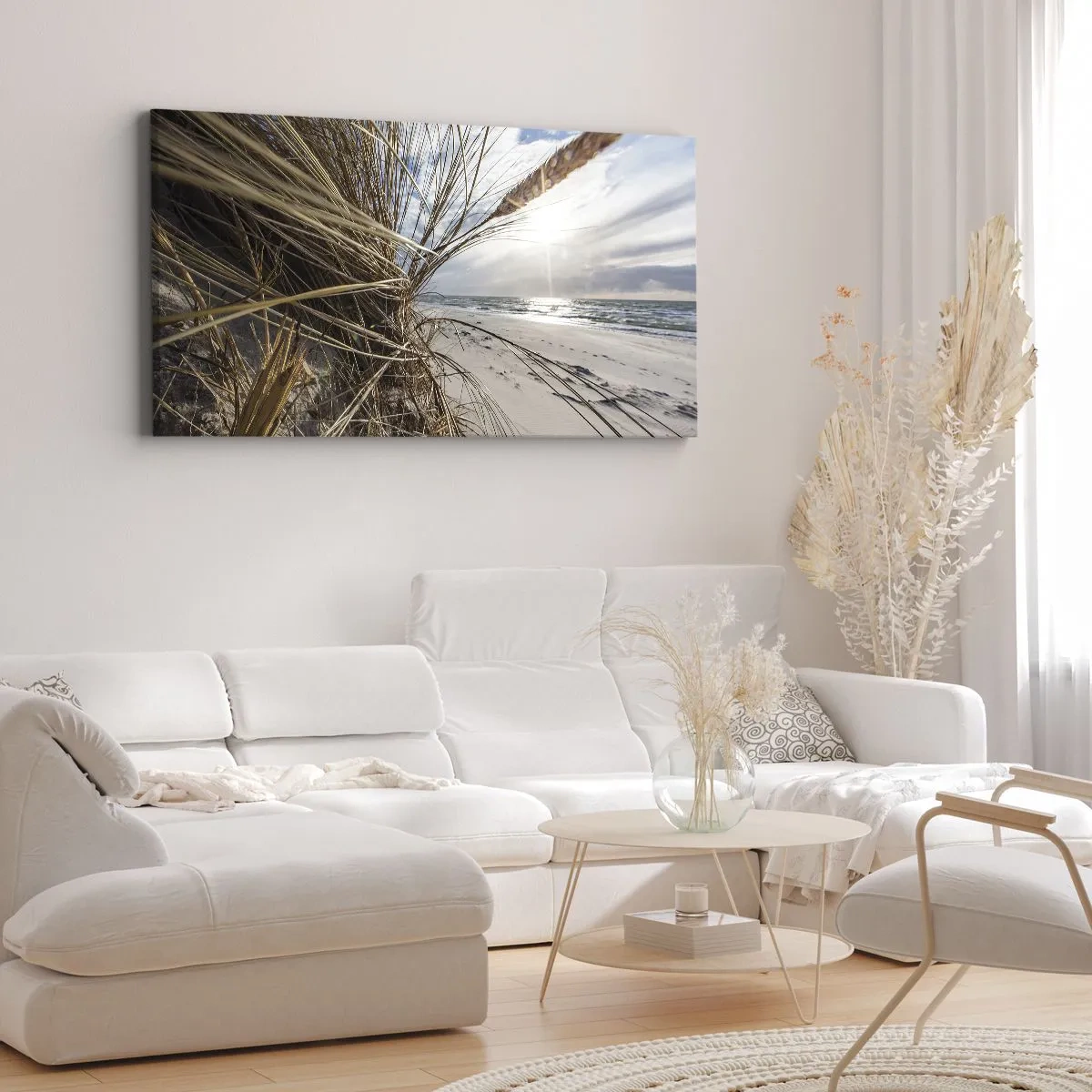 Obraz na płótnie - Plaża z suchymi trawami na wydmach i widokiem na morze - 160x50cm - Spotkanie żywiołów - Nowoczesna dekoracja ścienna do salonu i sypialni ARTTOR