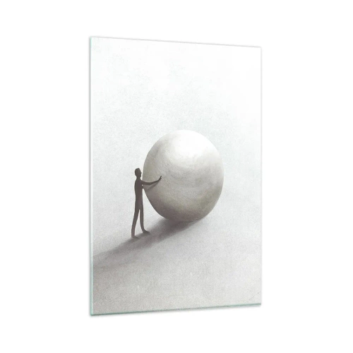 Obraz na szkle - Minimalistyczna postać z kulą na jasnym, monochromatycznym tle - 80x120cm - Gra życia - Nowoczesna dekoracja ścienna do salonu i sypialni ARTTOR