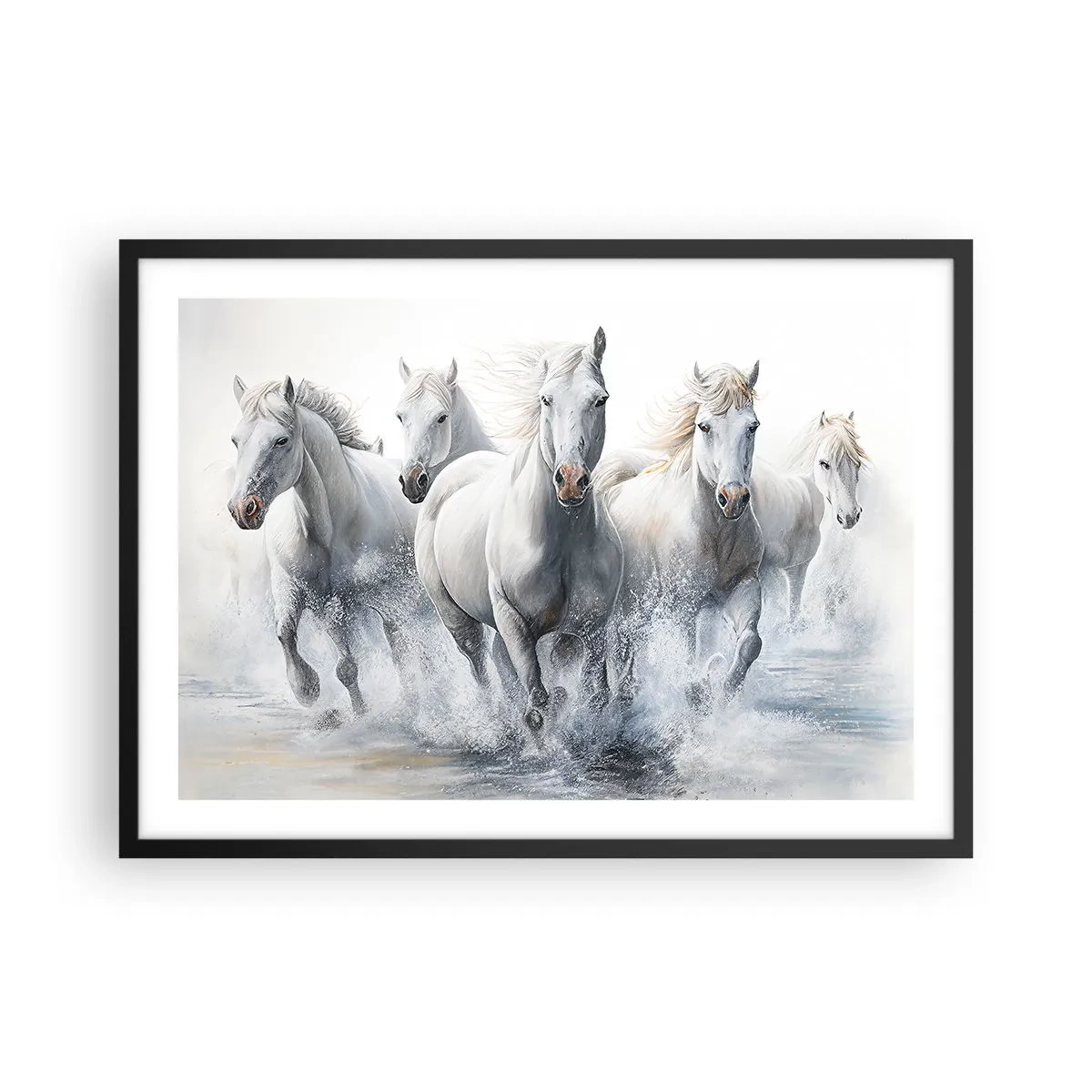 Plakat w czarnej ramie - Białe konie galopujące przez wodę - 70x50cm - Biała magia - Nowoczesna dekoracja ścienna do salonu i sypialni ARTTOR