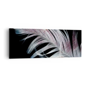 Obraz na płótnie - Delikatne pióro na czarnym tle w artystycznym ujęciu - 140x50cm - Pomyśl o dotyku - Nowoczesna dekoracja ścienna do salonu i sypialni ARTTOR