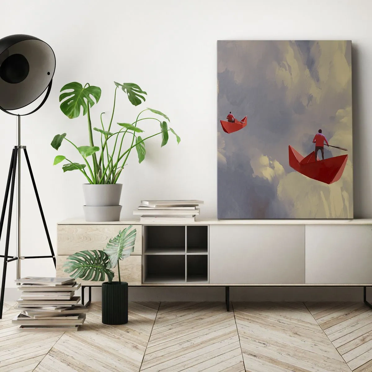 Obraz na płótnie - Czerwone papierowe łódki unoszące się w chmurach - 80x120cm - Wyprawa marzycieli - Nowoczesna dekoracja ścienna do salonu i sypialni ARTTOR