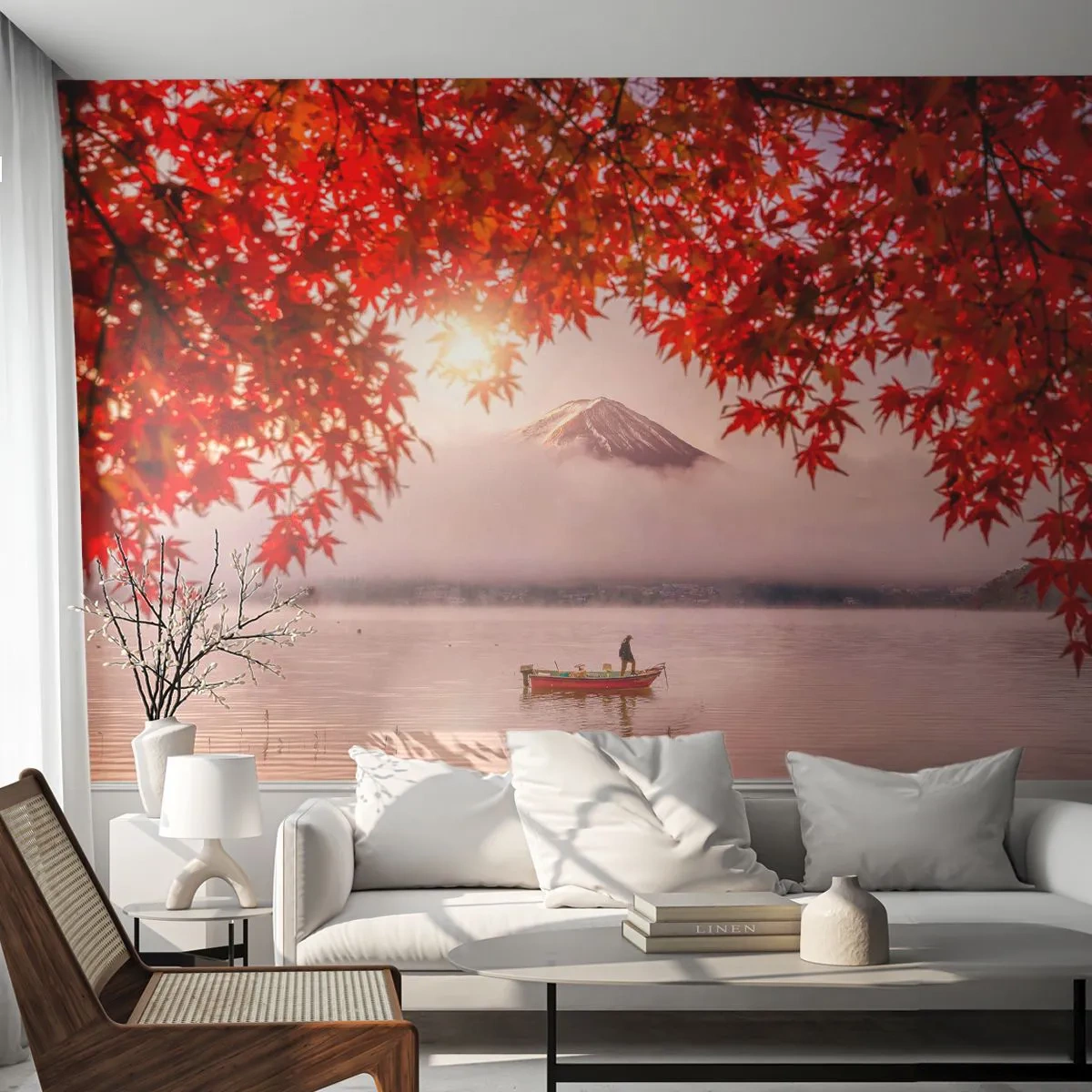 Fototapeta Premium Sand - Jezioro z łodzią i górą w tle otoczone jesiennymi liśćmi - 100x70cm - W japońskim klimacie - Nowoczesna dekoracja ścienna do salonu, kuchni i sypialni ARTTOR