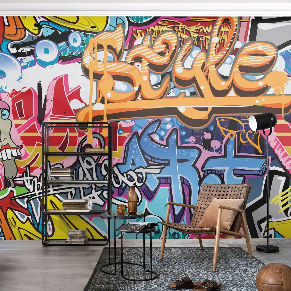 Fototapeta Premium Canvas - Kolorowe graffiti z dynamicznymi napisami i ilustracjami - 100x70cm - Murale, murale, murale… - Nowoczesna dekoracja ścienna do salonu i sypialni ARTTOR