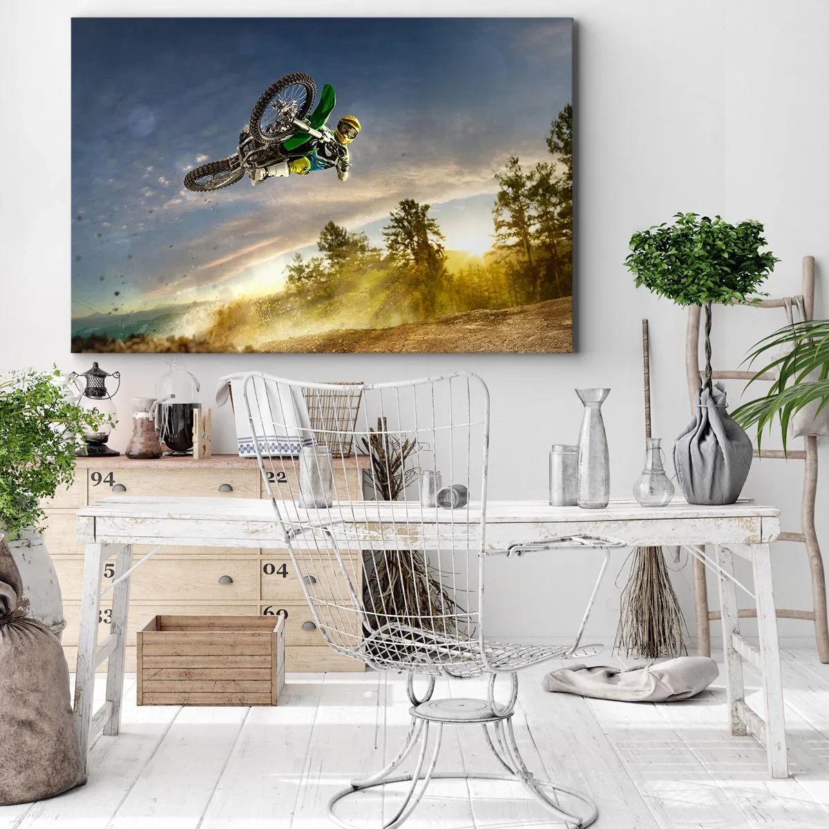 Obraz na płótnie - Motocyklista w dynamicznym skoku - 100x70cm - Włącz emocje! - Nowoczesna dekoracja ścienna do salonu, kuchni i sypialni ARTTOR