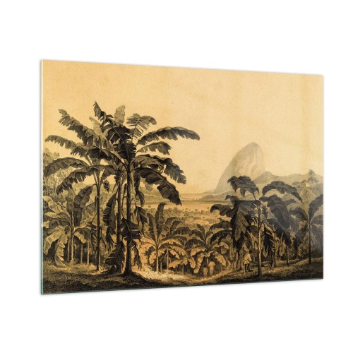 Obraz na szkle - Zabytkowa ilustracja plantacji bananowców z odległą górą w tle - 100x70cm - w kolonialnym klimacie - Nowoczesna dekoracja ścienna do salonu, kuchni i sypialni ARTTOR
