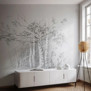 Fototapeta Premium Canvas - Rysunek brzozowego lasu w subtelnym szkicu ołówkiem - 100x70cm - Światło brzozowego lasu - Nowoczesna dekoracja ścienna do salonu i sypialni ARTTOR