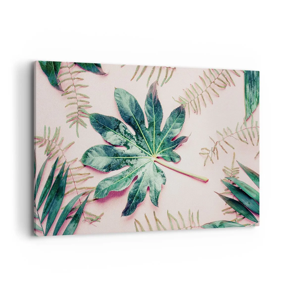 Obraz na płótnie - Tropikalne liście na jasnym pastelowym tle - 120x80cm - Studium zieleni na różowym tle - Nowoczesna dekoracja ścienna do salonu, kuchni i sypialni ARTTOR