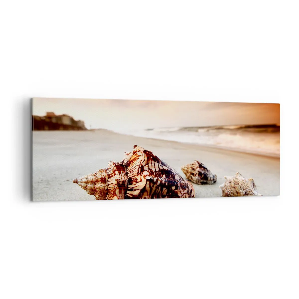 Obraz na płótnie - Muszle na plaży o zachodzie słońca - 140x50cm - Wygnanki fal - Nowoczesna dekoracja ścienna do salonu i sypialni ARTTOR