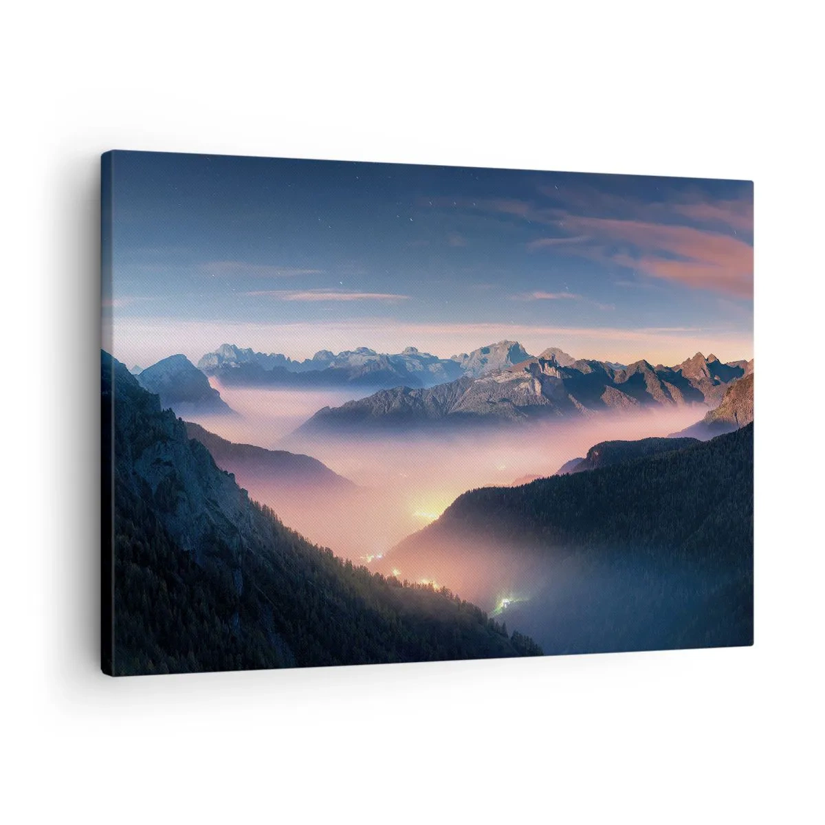 Obraz na płótnie - Górski krajobraz z doliną wypełnioną mgłą - 70x50cm - Światło w dolinach - Nowoczesna dekoracja ścienna do salonu i sypialni ARTTOR