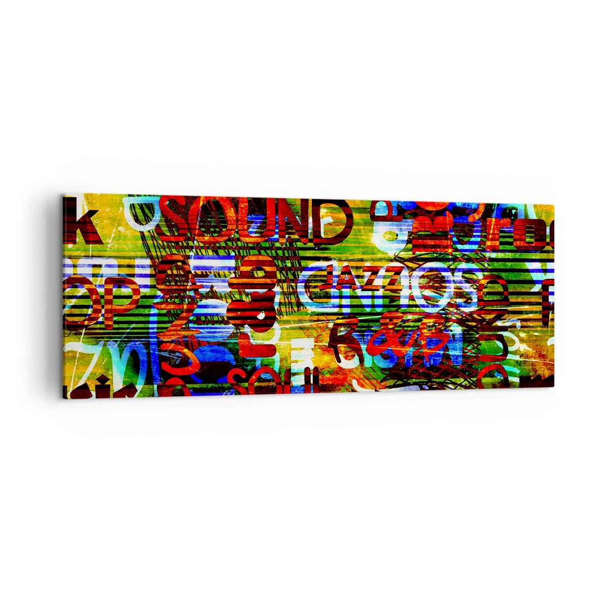 Obraz na płótnie - Kolorowa abstrakcja z napisami muzycznymi w stylu pop-art - 140x50cm - Wszystkie barwy dźwięku - Nowoczesna dekoracja ścienna do salonu i sypialni ARTTOR