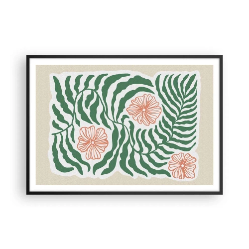 Plakat w czarnej ramie - Minimalistyczny motyw zielonych liści z kwiatami w odcieniach pomarańczowego - 100x70cm - Rozkwitłe w zieleni - Nowoczesna dekoracja ścienna do salonu i sypialni ARTTOR