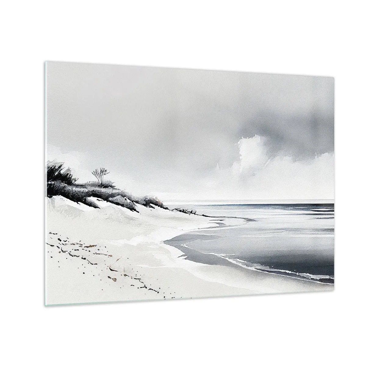 Obraz na szkle - Czarno-biała plaża z horyzontem i spokojnym morzem - 70x50cm - Od zawsze razem - Nowoczesna dekoracja ścienna do salonu i sypialni ARTTOR
