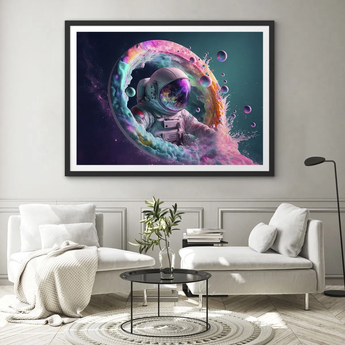 Plakat w czarnej ramie - Astronauta w kolorowej kosmicznej aurze - 100x70cm - Gwiezdne wrota - Nowoczesna dekoracja ścienna do salonu i sypialni ARTTOR