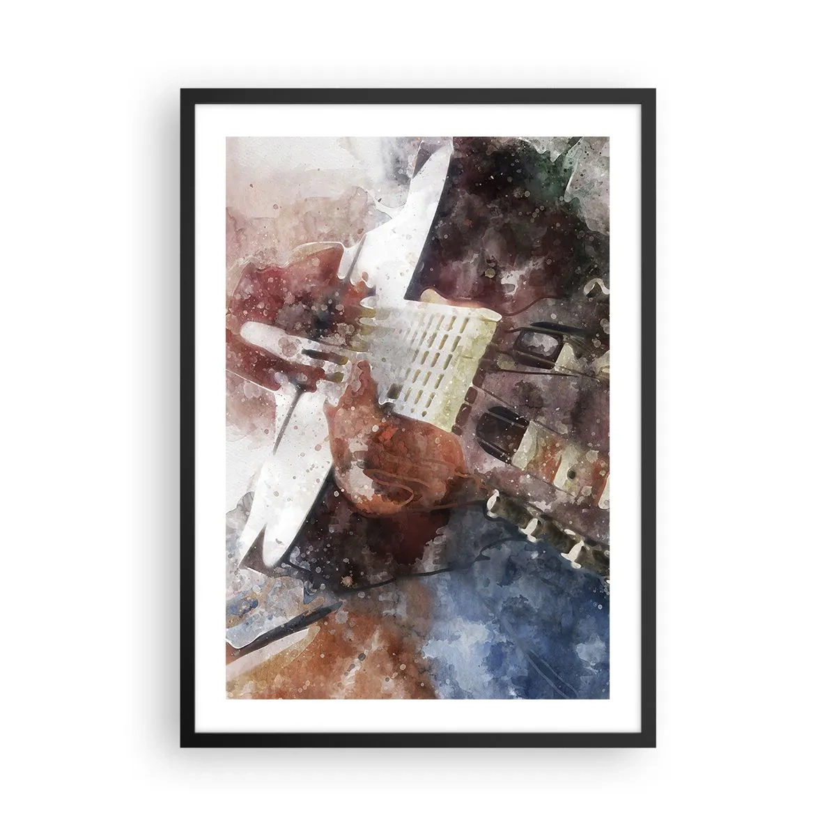 Plakat w czarnej ramie - Artystyczne przedstawienie gitary w akwarelowym stylu - 50x70cm - I co o tym myślisz? - Nowoczesna dekoracja ścienna do salonu i sypialni ARTTOR