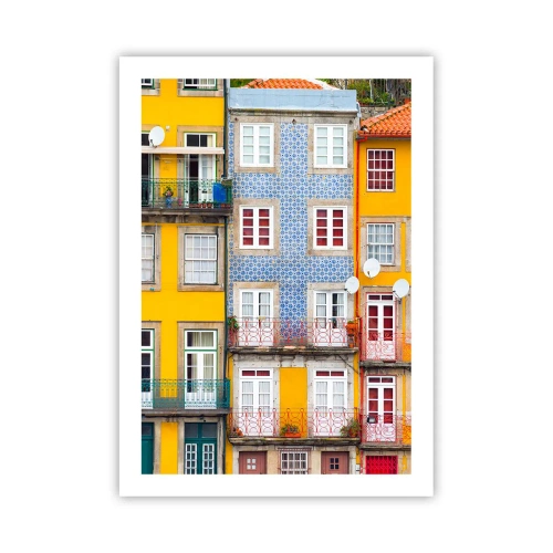 Plakat - Kolorowe fasady kamienic w stylu portugalskim - 50x70cm - Barwy starego miasta - Nowoczesna dekoracja ścienna do salonu, kuchni i sypialni ARTTOR