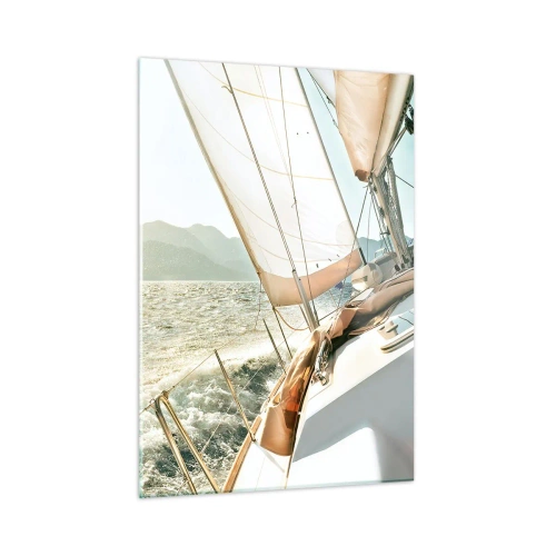 Obraz na szkle - Jacht żaglowy na tle gór i błękitnego nieba - 50x70cm - Pod pełnymi żaglami - Nowoczesna dekoracja ścienna do salonu, kuchni i sypialni ARTTOR